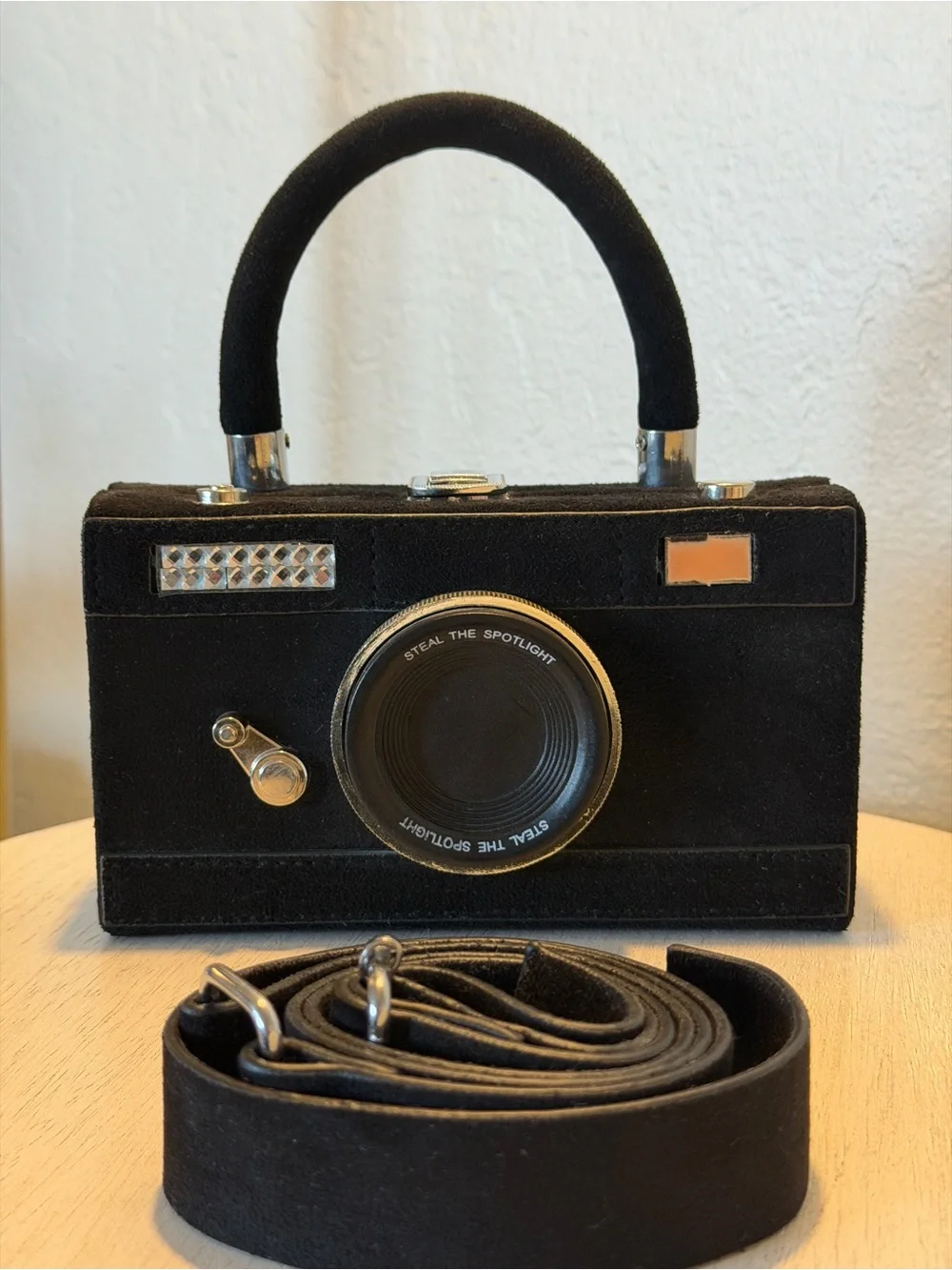 Black Camera-Shaped Crossbody Bag with Removable Strap